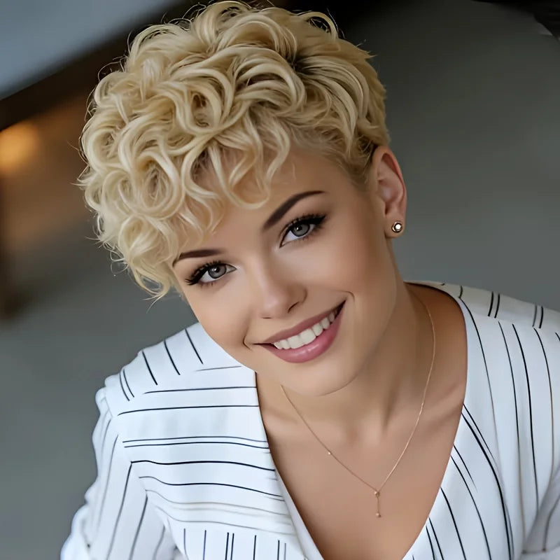 613 Blonde Human Hair Wigs Brazilian Loose Curly Short Bob Pixie Cut Wigs with Bangs Glueless Wear&Go Layered Wig For Daily Wear