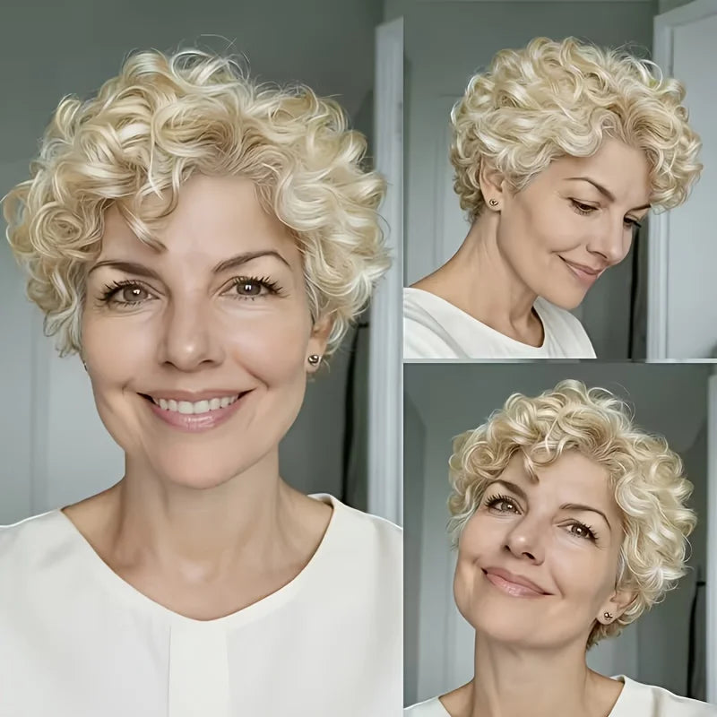 613 Blonde Human Hair Wigs Brazilian Loose Curly Short Bob Pixie Cut Wigs with Bangs Glueless Wear&Go Layered Wig For Daily Wear