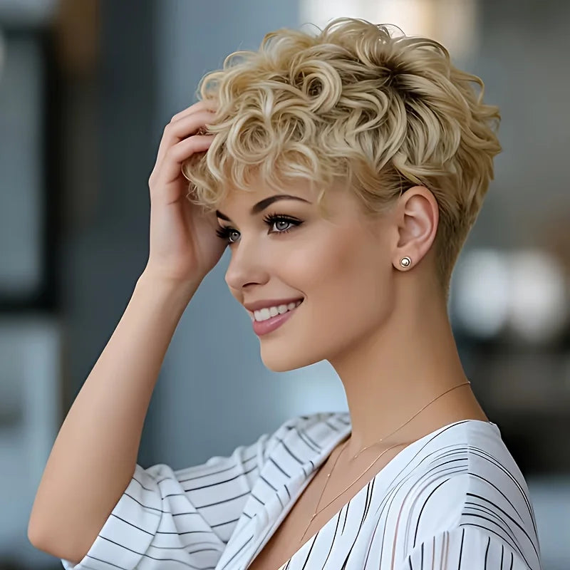613 Blonde Human Hair Wigs Brazilian Loose Curly Short Bob Pixie Cut Wigs with Bangs Glueless Wear&Go Layered Wig For Daily Wear