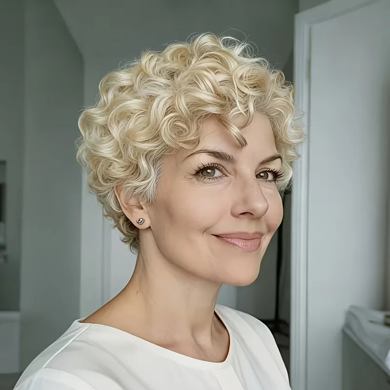 613 Blonde Human Hair Wigs Brazilian Loose Curly Short Bob Pixie Cut Wigs with Bangs Glueless Wear&Go Layered Wig For Daily Wear