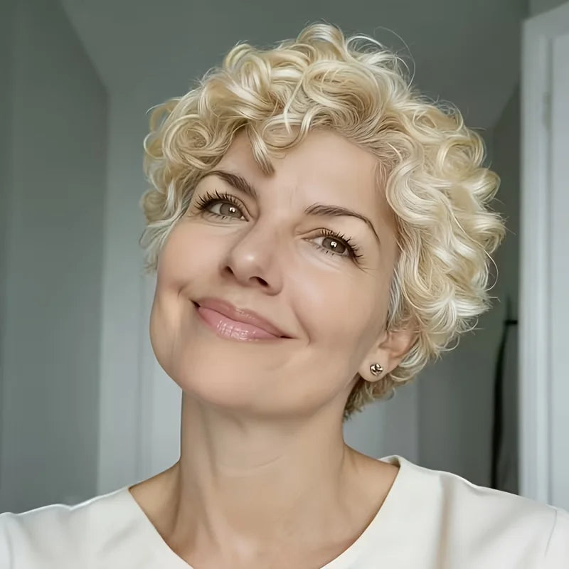 613 Blonde Human Hair Wigs Brazilian Loose Curly Short Bob Pixie Cut Wigs with Bangs Glueless Wear&Go Layered Wig For Daily Wear