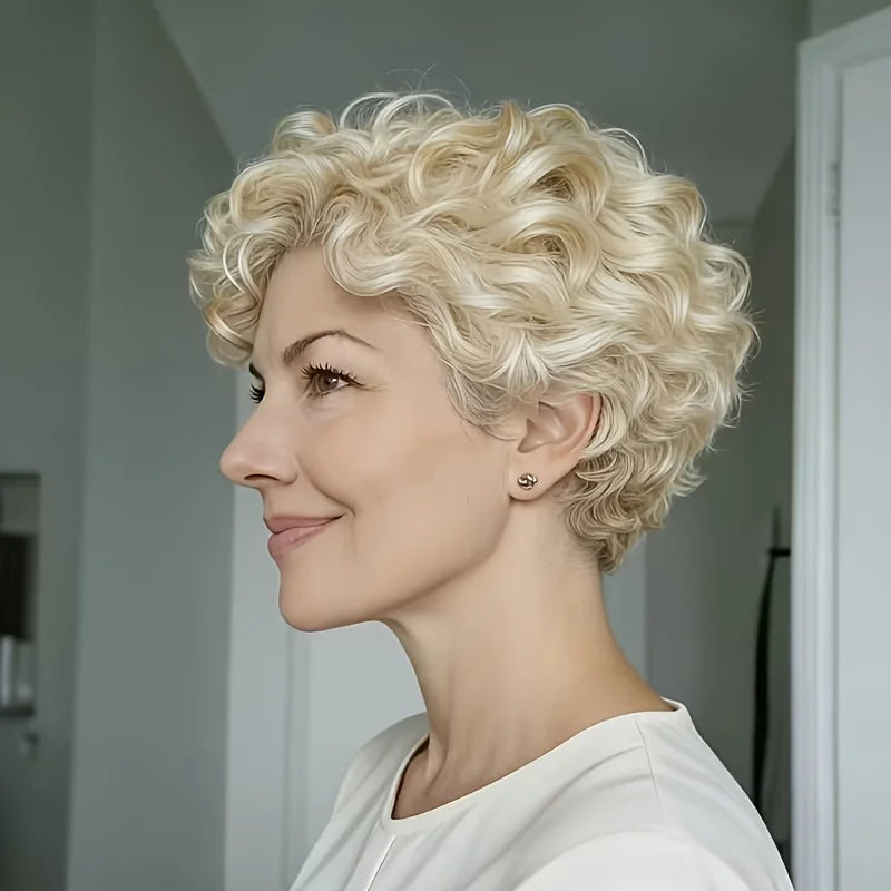 613 Blonde Human Hair Wigs Brazilian Loose Curly Short Bob Pixie Cut Wigs with Bangs Glueless Wear&Go Layered Wig For Daily Wear