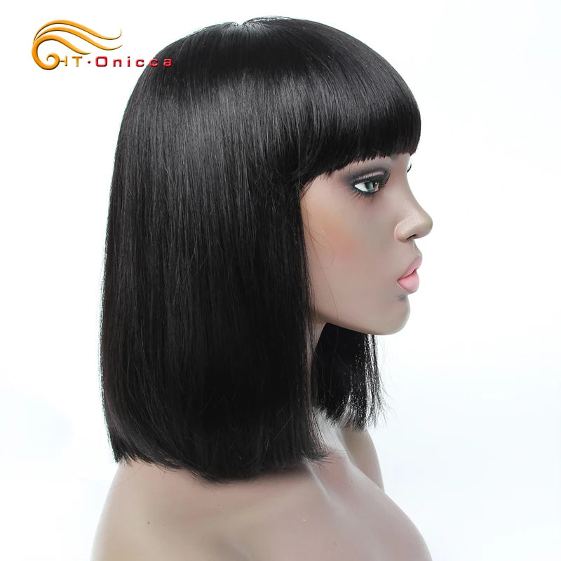 Red Wig With Bangs Human Hair Short Straight Bob Wigs For Women Brazilian Hair No Lace Full Machine Made Human Hair Wigs