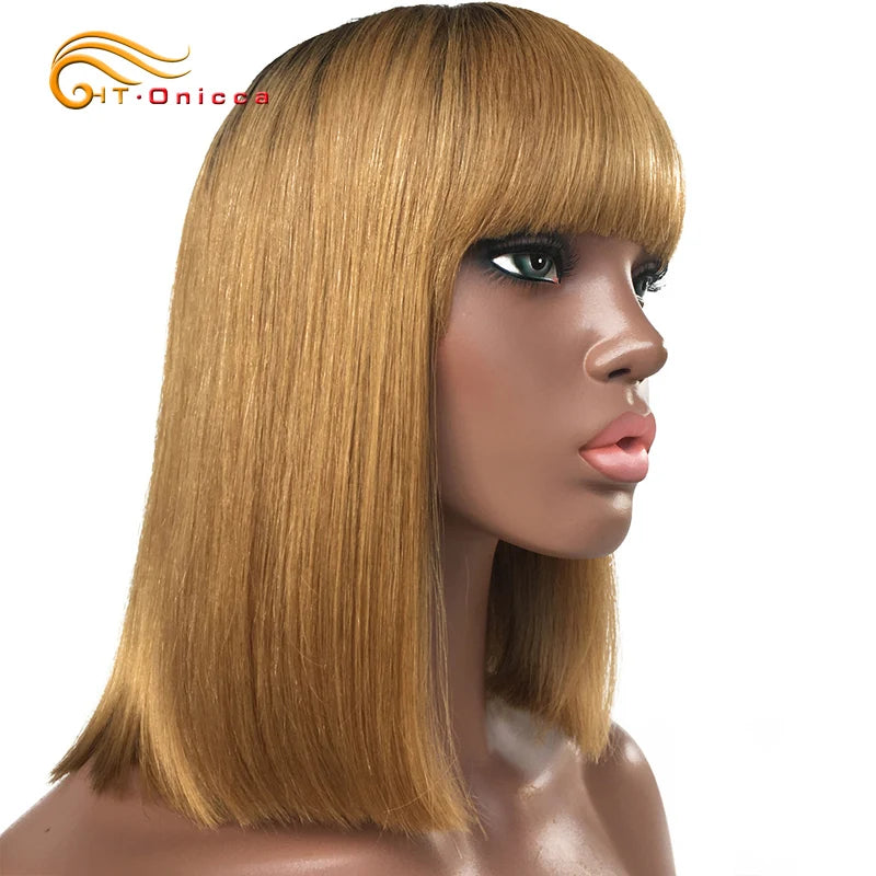 Red Wig With Bangs Human Hair Short Straight Bob Wigs For Women Brazilian Hair No Lace Full Machine Made Human Hair Wigs