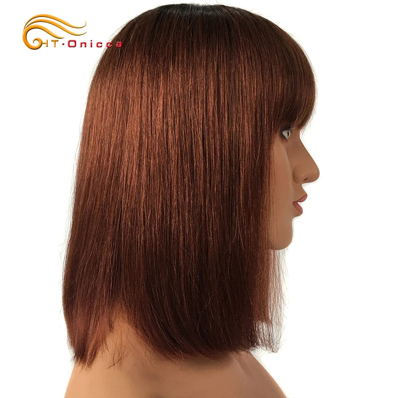 Red Wig With Bangs Human Hair Short Straight Bob Wigs For Women Brazilian Hair No Lace Full Machine Made Human Hair Wigs