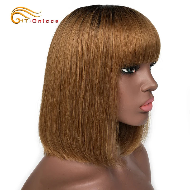Red Wig With Bangs Human Hair Short Straight Bob Wigs For Women Brazilian Hair No Lace Full Machine Made Human Hair Wigs