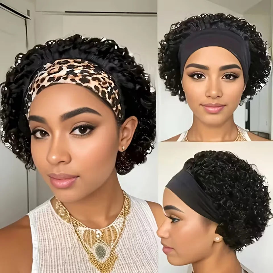 Headband Curly Bob Brazilian Natural Black Curly Headband Wig Human Hair Glueless Wear And Go Wig No Lace Front Elastic Band Wig