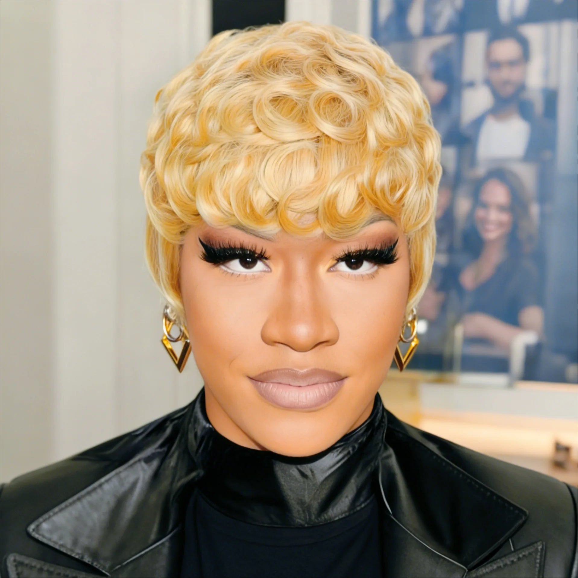 Full Machine Made 6 Inch Brazilian Human Hair Wig,Natural Black Straight Layered Pixie Bob Wig for Daily & Formal Events