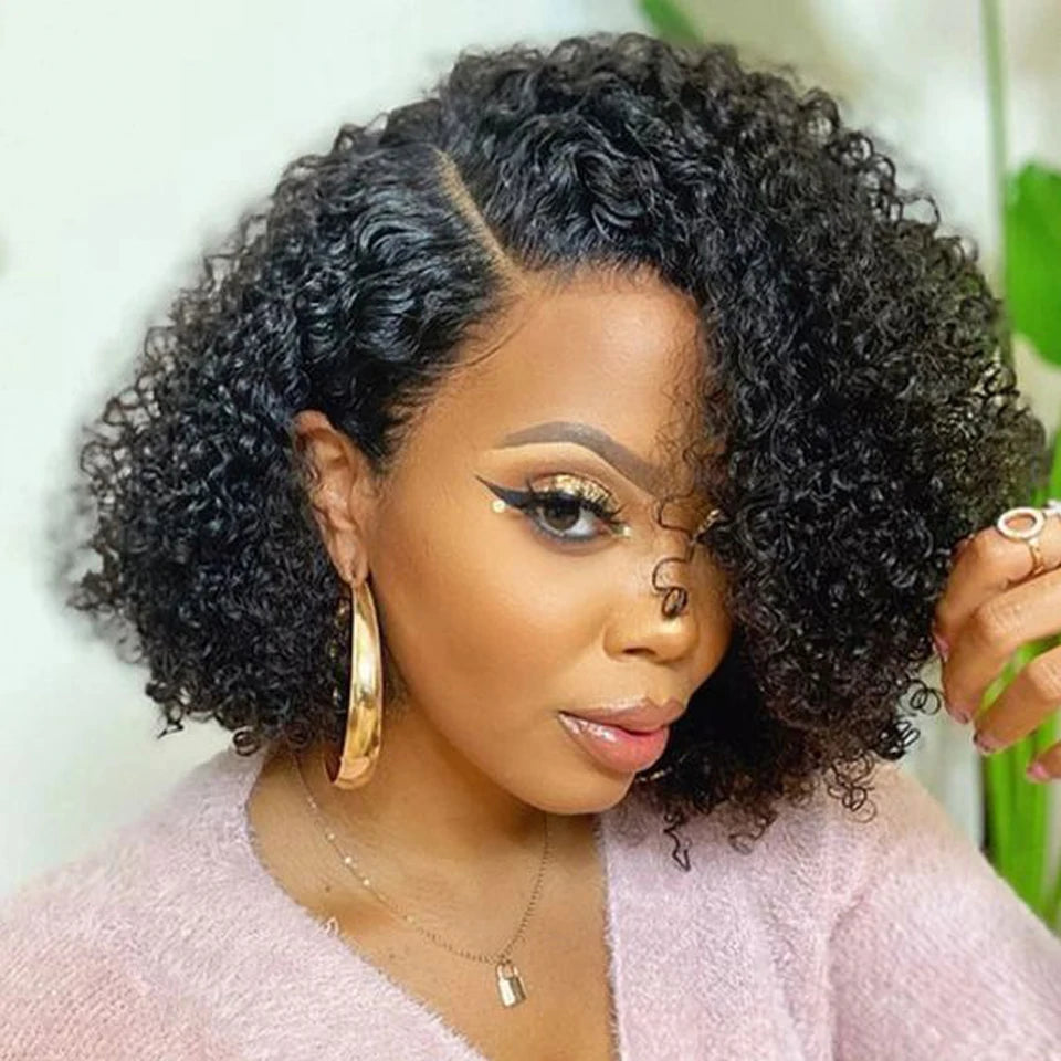 Short Bob Lace Wig Afro Kinky Curly Brazilian Deep Curly Human Hair Wig With Baby Hair Pixie Water Wave Bob Wig For Black Women