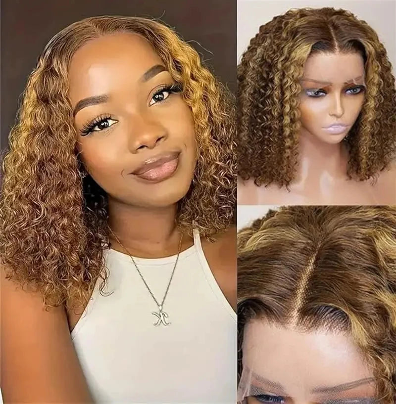 Short Bob Wigs Highlight 4/27 Color Curly Glueless 5x5 Lace Closure Wigs Ombre Colored Deep Wave Brazilian Human Hair Bob Wig