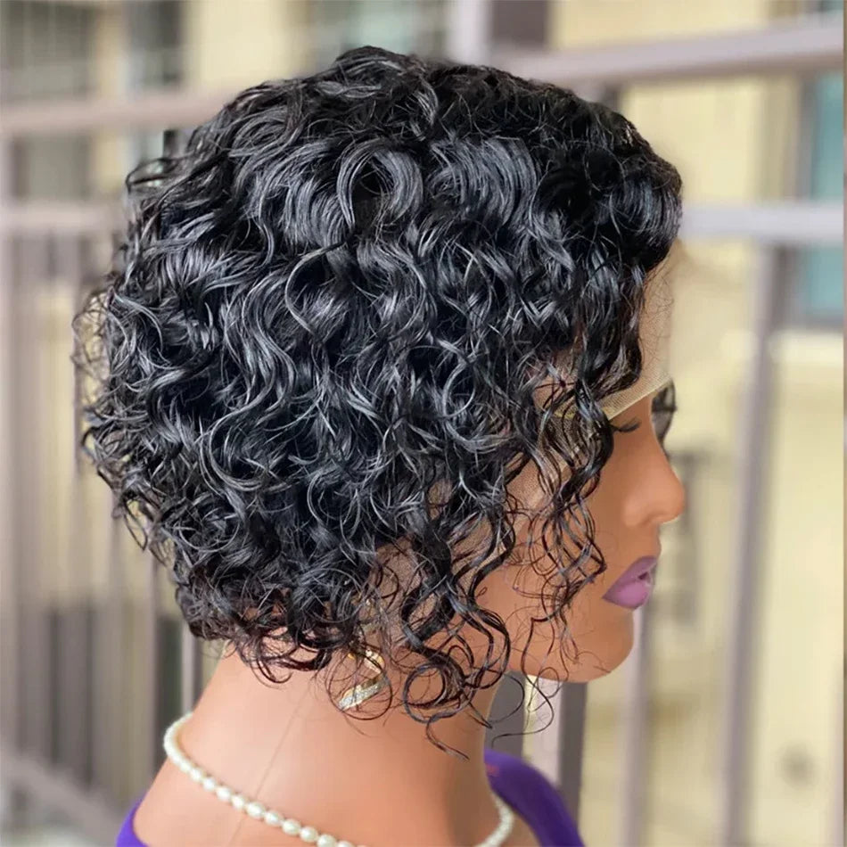 Brazilian Hair Side Part Pixie Cut Water Curly Wig Short Inch Hair Wig 100% Human Hair Natural Color 13x4 Lace Frontal Hair Wig