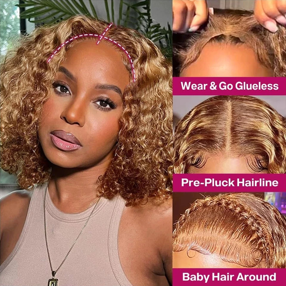 Short Bob Wigs Highlight 4/27 Color Curly Glueless 5x5 Lace Closure Wigs Ombre Colored Deep Wave Brazilian Human Hair Bob Wig