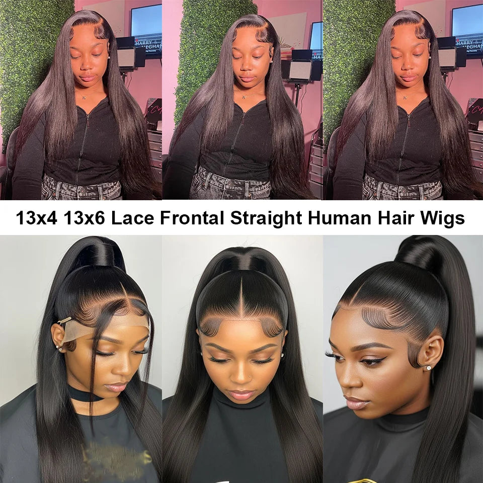 13x4 Brazilian Human Hair Wear and Go 200 Density Straight 13x6 Hd Lace Frontal Wigs Natural Black Pre Plucked with Baby Hair