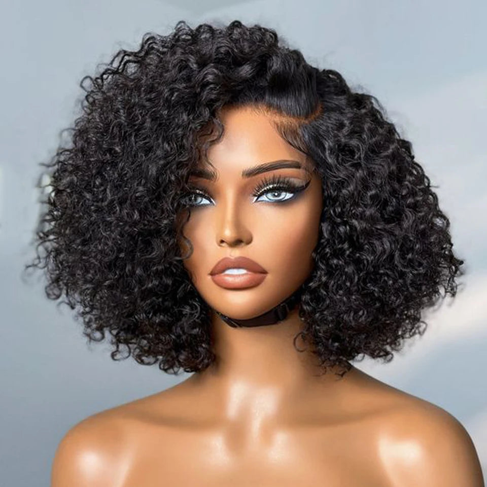 Short Bob Lace Wig Afro Kinky Curly Brazilian Deep Curly Human Hair Wig With Baby Hair Pixie Water Wave Bob Wig For Black Women