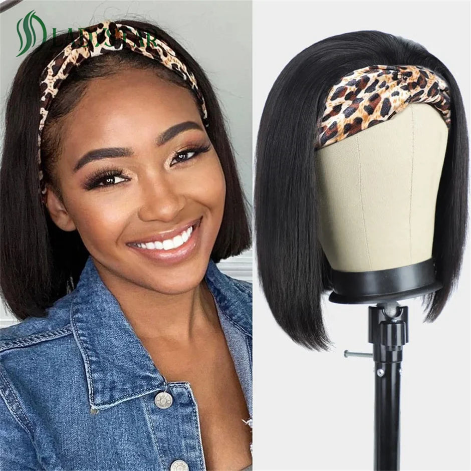 Short Bob Headband Wigs Brazilian Human Hair Wig With Headband  For Women Full Machine Made Straight Bob Human Hair Wigs