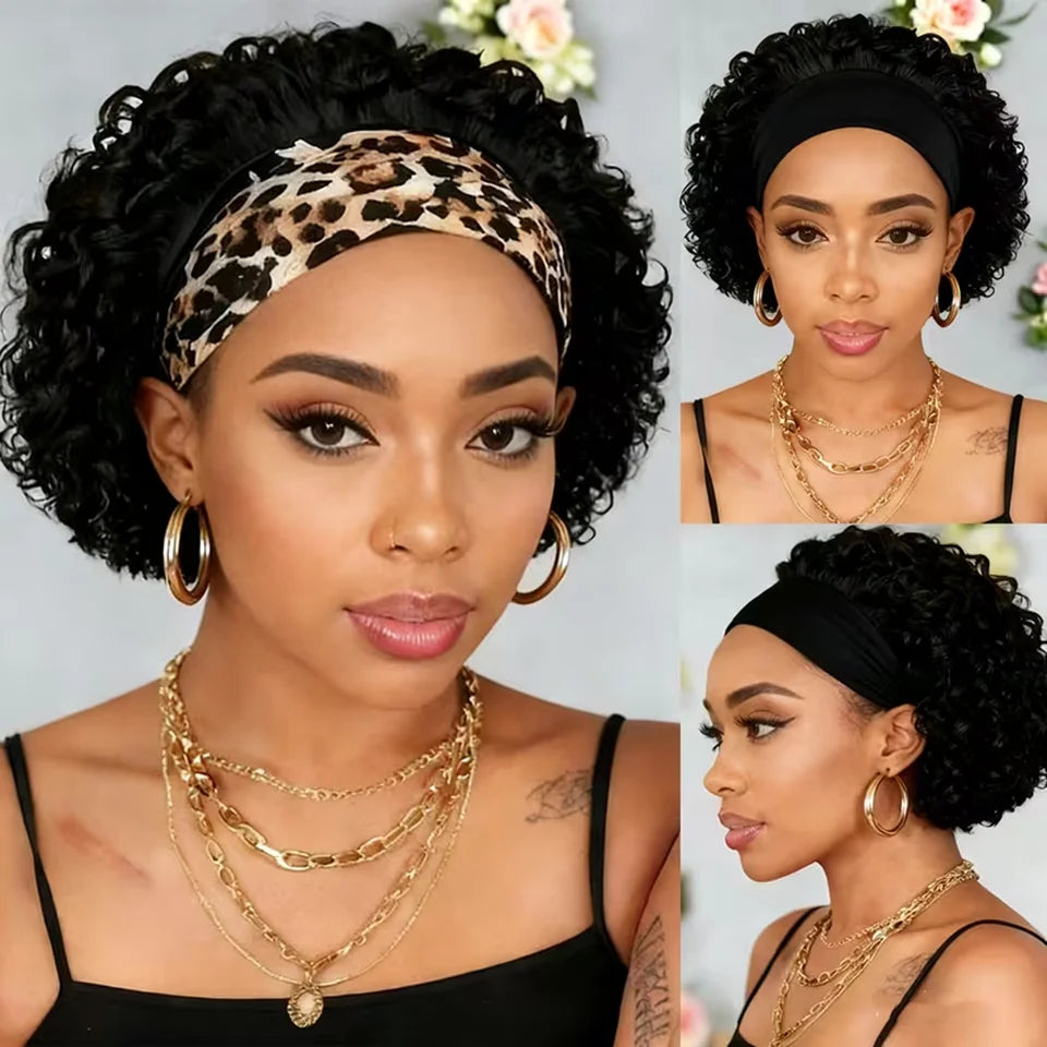 Headband Curly Bob Brazilian Natural Black Curly Headband Wig Human Hair Glueless Wear And Go Wig No Lace Front Elastic Band Wig