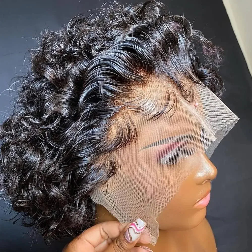 Brazilian Hair Side Part Pixie Cut Water Curly Wig Short Inch Hair Wig 100% Human Hair Natural Color 13x4 Lace Frontal Hair Wig