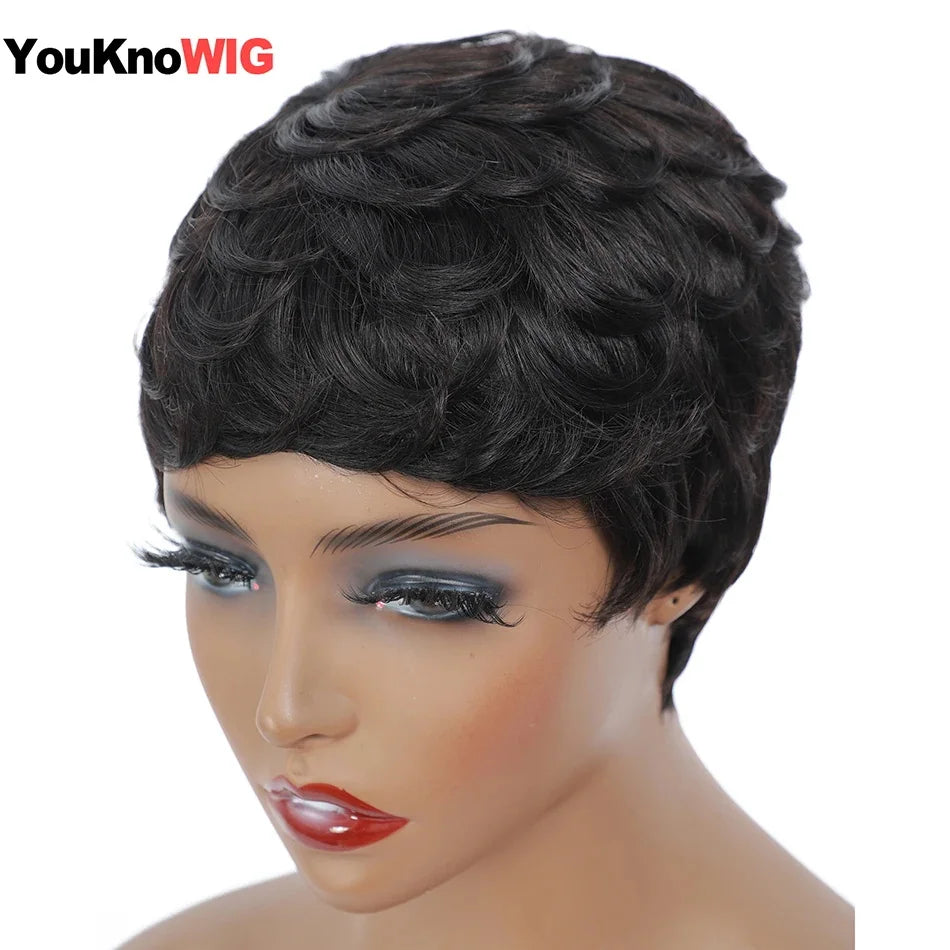 Short Bob Pixie Cut Wig Pixie Curly Human Hair Brazilian Hair Wig For Black Women Machine Made Wigs With Bangs Cheap No Lace Wig