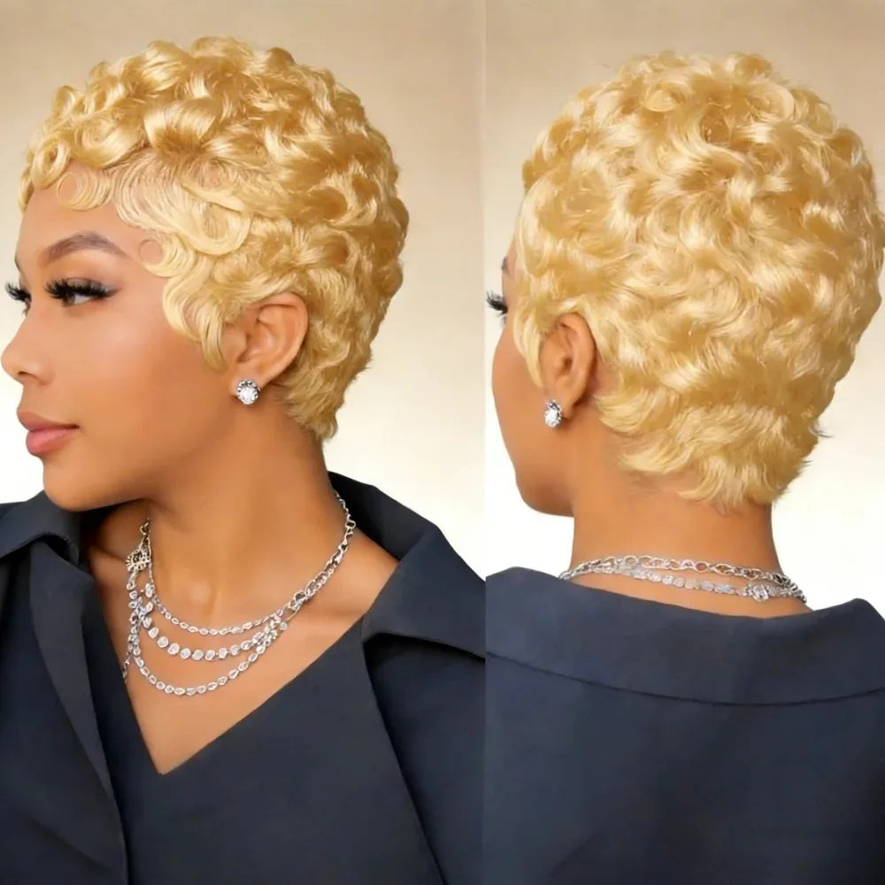 Full Machine Made 6 Inch Brazilian Human Hair Wig,Natural Black Straight Layered Pixie Bob Wig for Daily & Formal Events