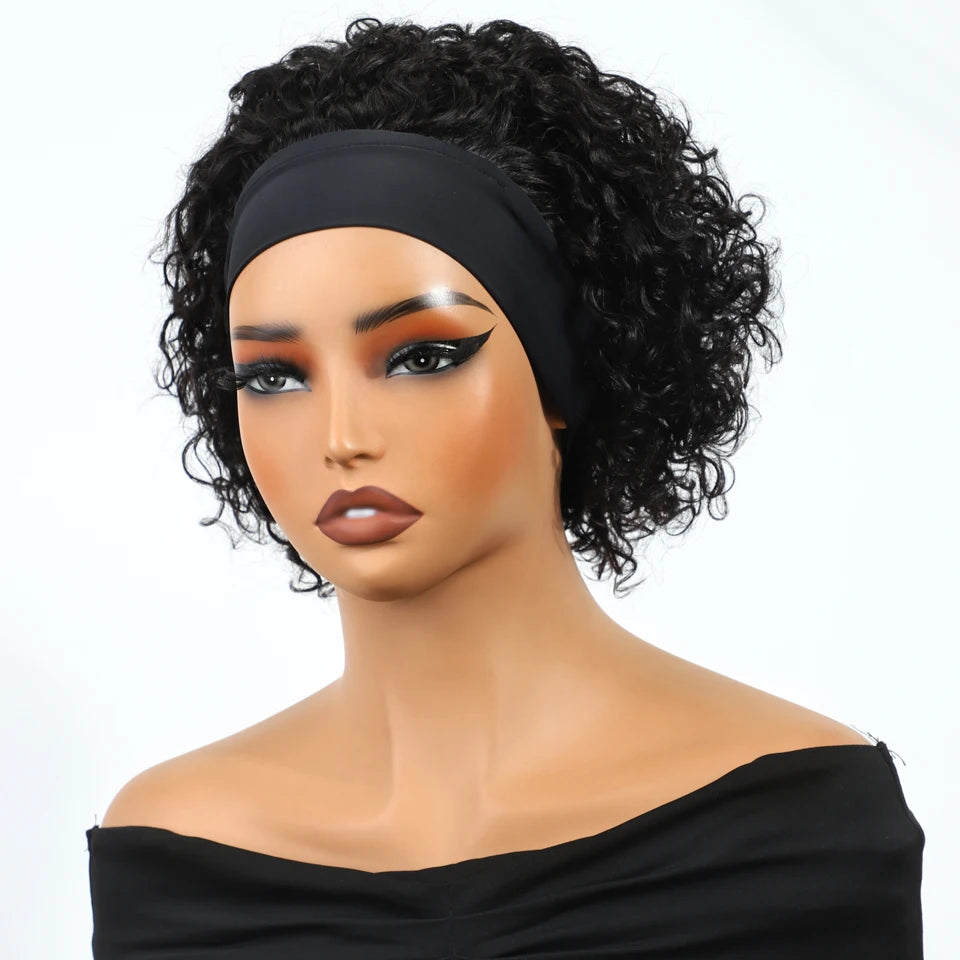 Headband Curly Bob Brazilian Natural Black Curly Headband Wig Human Hair Glueless Wear And Go Wig No Lace Front Elastic Band Wig