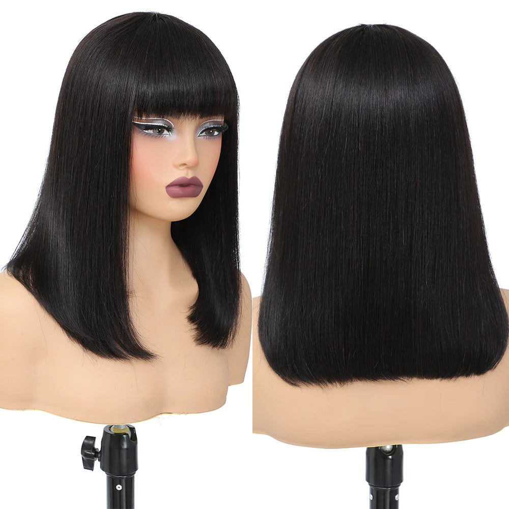 Bob Wig With Bangs Human Hair Bone Straight Brazilian Short Bob Wigs Human Hair For Women Ready To Wear Natural Black Color
