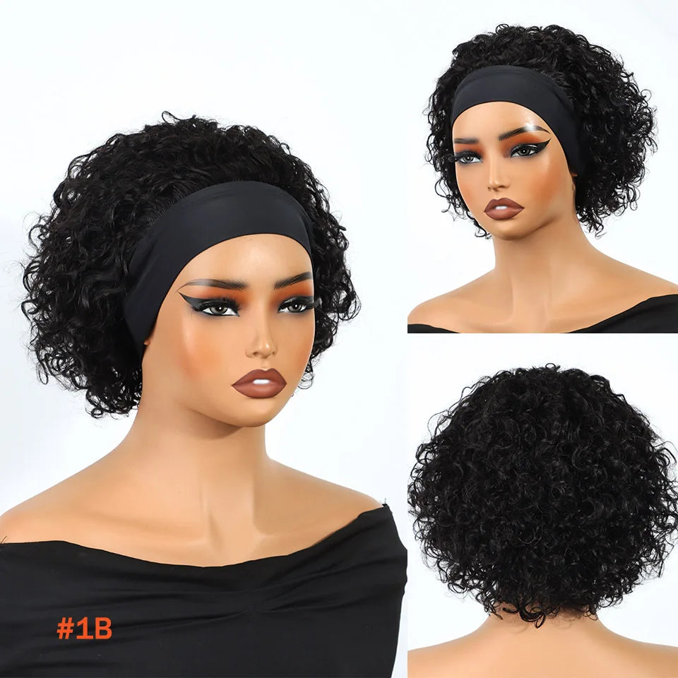 Headband Curly Bob Brazilian Natural Black Curly Headband Wig Human Hair Glueless Wear And Go Wig No Lace Front Elastic Band Wig