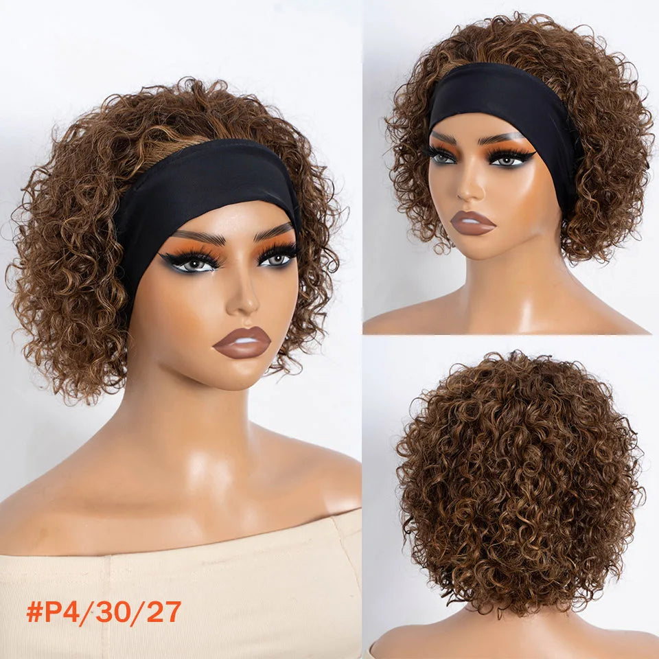 Headband Curly Bob Brazilian Natural Black Curly Headband Wig Human Hair Glueless Wear And Go Wig No Lace Front Elastic Band Wig