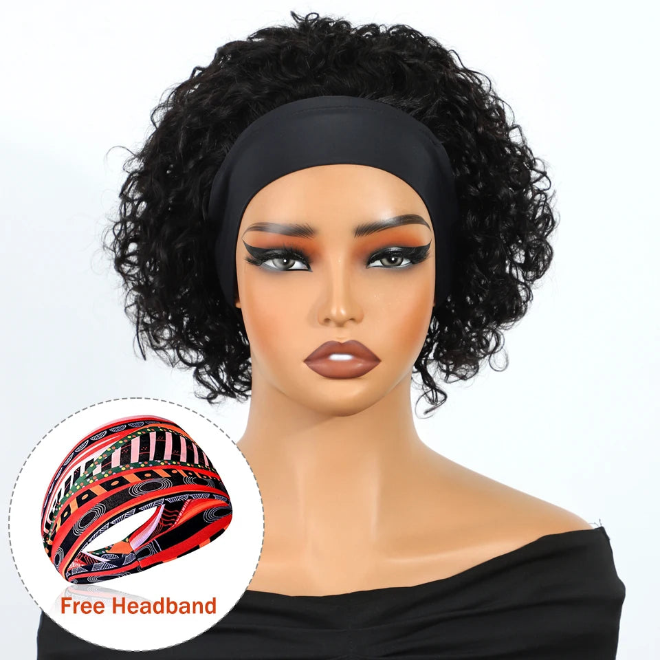 Headband Curly Bob Brazilian Natural Black Curly Headband Wig Human Hair Glueless Wear And Go Wig No Lace Front Elastic Band Wig