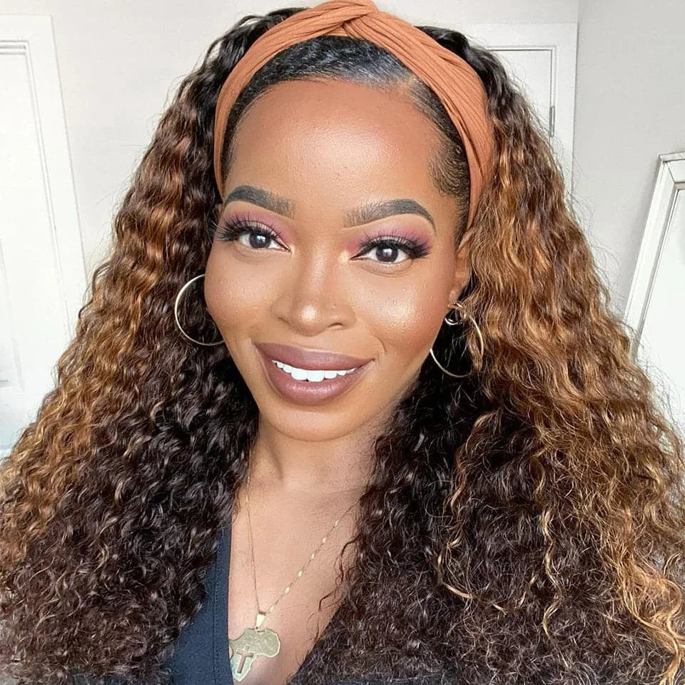 Blonde Highlight Headband Wig 4/27 Highglight Wig Curly Human Hair Wigs For Women Ombre Colored Brazilian Scarf Wig On Sale 180%