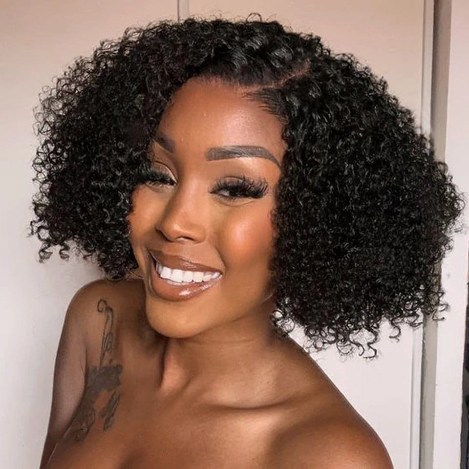 Short Bob Lace Wig Afro Kinky Curly Brazilian Deep Curly Human Hair Wig With Baby Hair Pixie Water Wave Bob Wig For Black Women