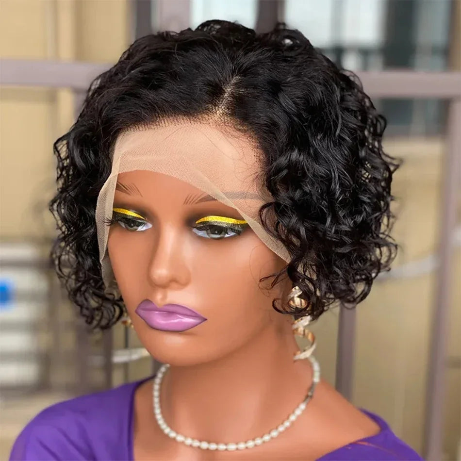 Brazilian Hair Side Part Pixie Cut Water Curly Wig Short Inch Hair Wig 100% Human Hair Natural Color 13x4 Lace Frontal Hair Wig