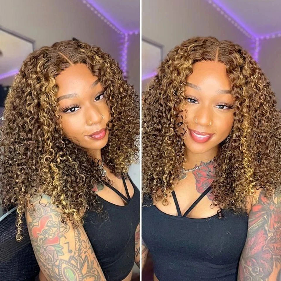 Short Bob Wigs Highlight 4/27 Color Curly Glueless 5x5 Lace Closure Wigs Ombre Colored Deep Wave Brazilian Human Hair Bob Wig