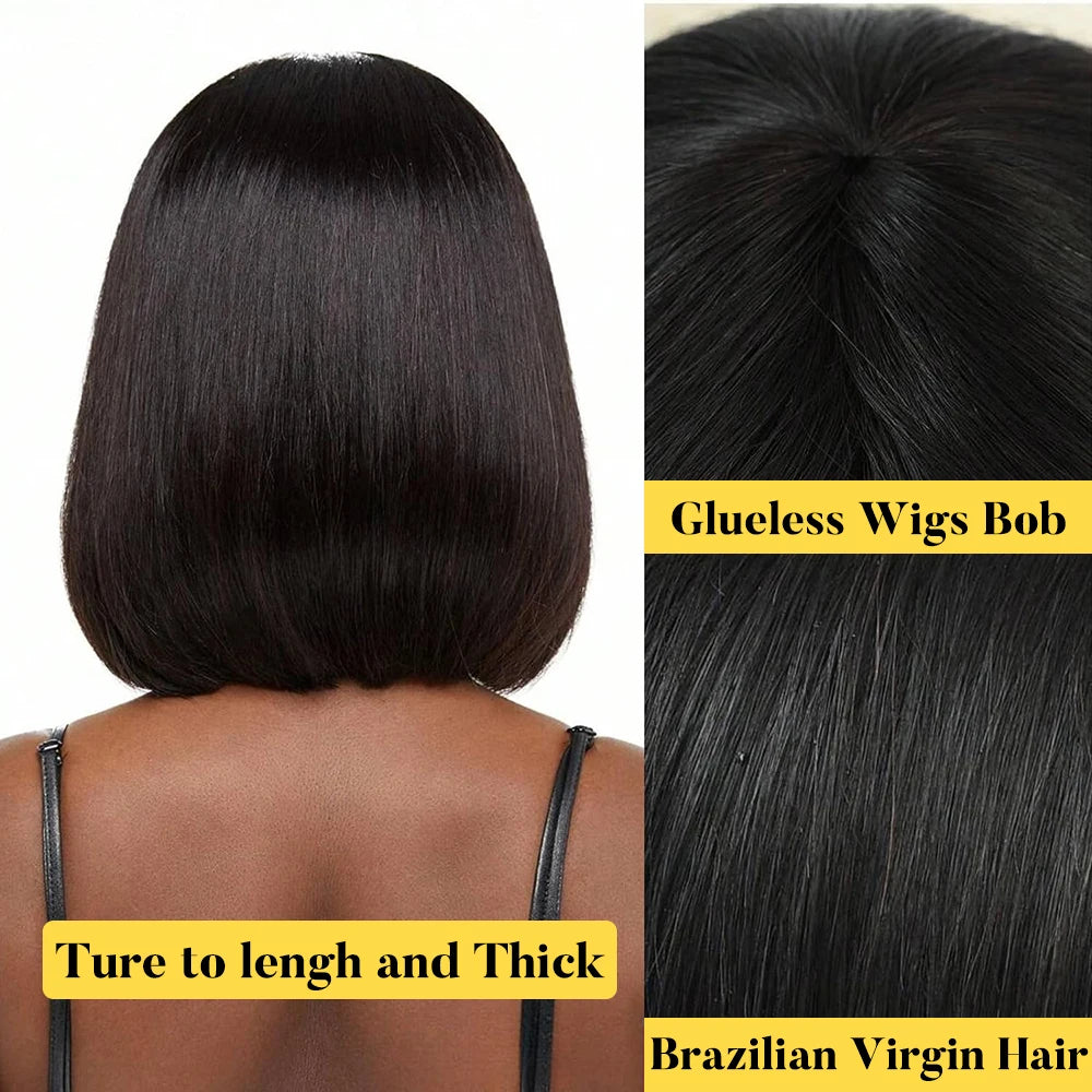 Bob Wig With Bangs Human Hair Bone Straight Brazilian Short Bob Wigs Human Hair For Women Ready To Wear Natural Black Color