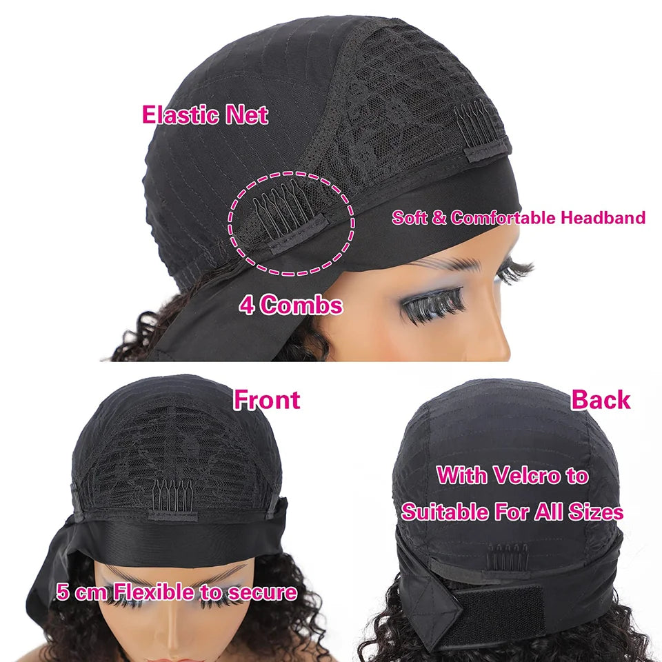 Headband Curly Bob Brazilian Natural Black Curly Headband Wig Human Hair Glueless Wear And Go Wig No Lace Front Elastic Band Wig