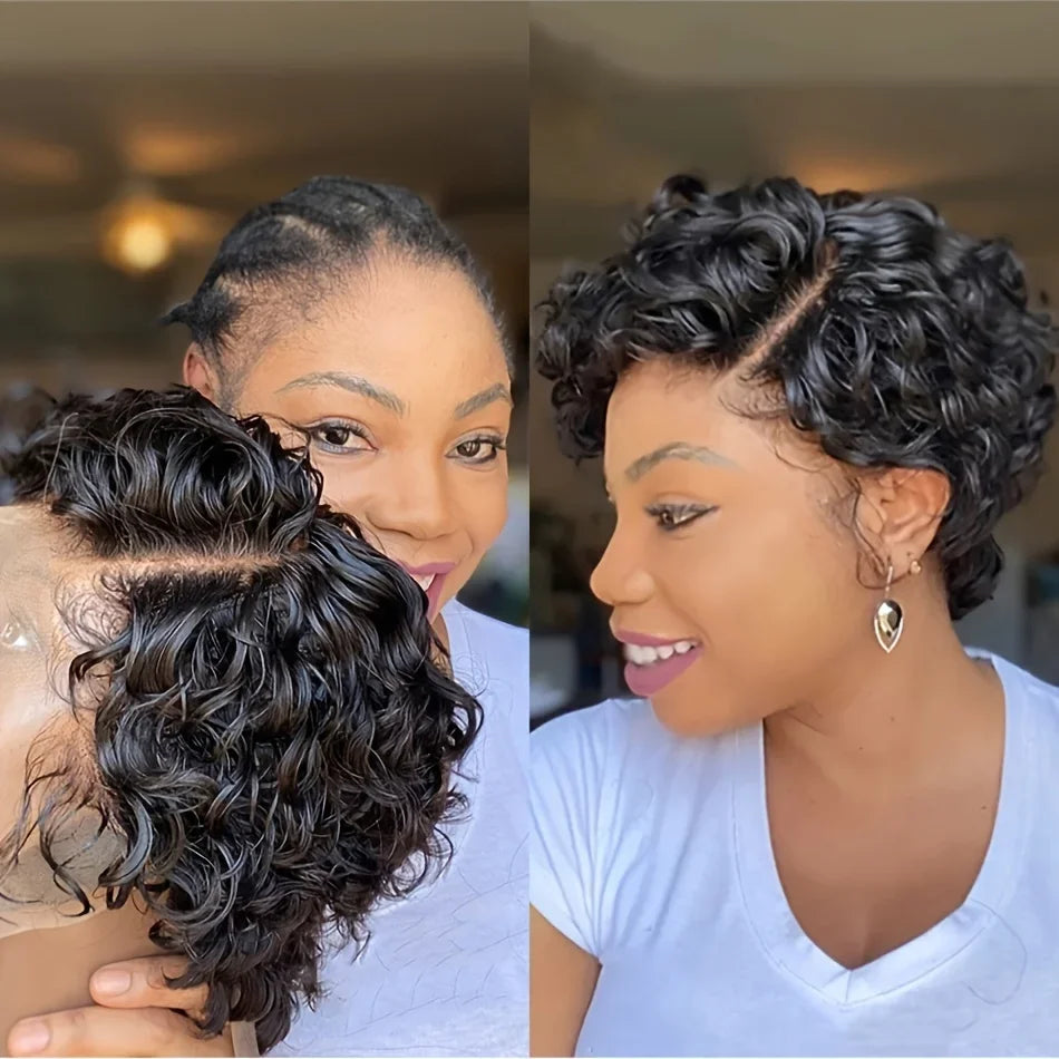 Brazilian Hair Side Part Pixie Cut Water Curly Wig Short Inch Hair Wig 100% Human Hair Natural Color 13x4 Lace Frontal Hair Wig