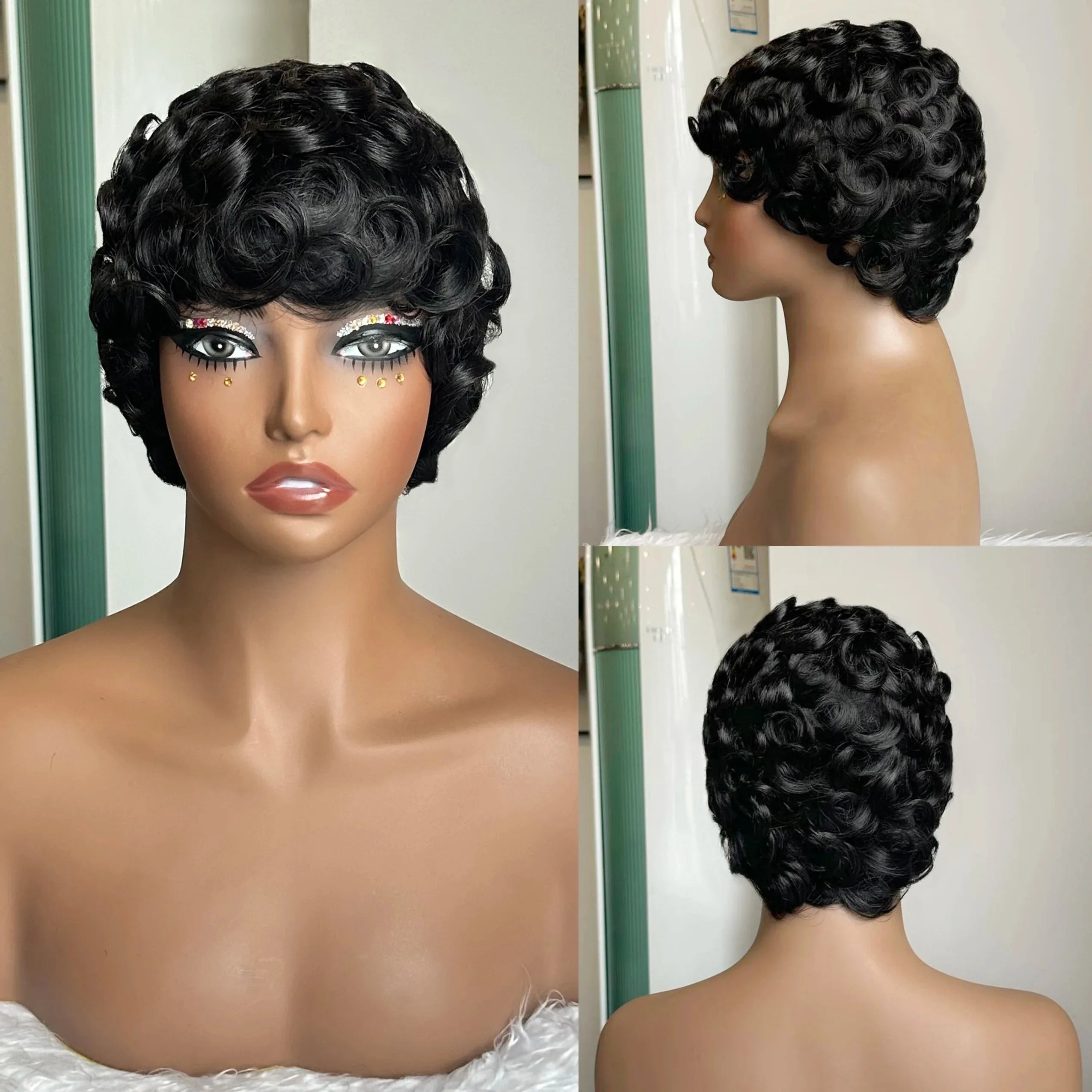 Full Machine Made 6 Inch Brazilian Human Hair Wig,Natural Black Straight Layered Pixie Bob Wig for Daily & Formal Events