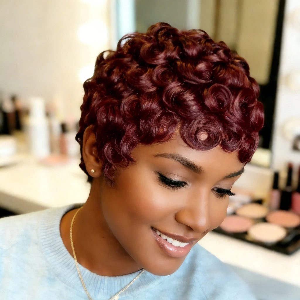 Brazilian Human Hair Wig  Short Pixie Cut with Bang Loose curly Hair for Women Full Machine Wig