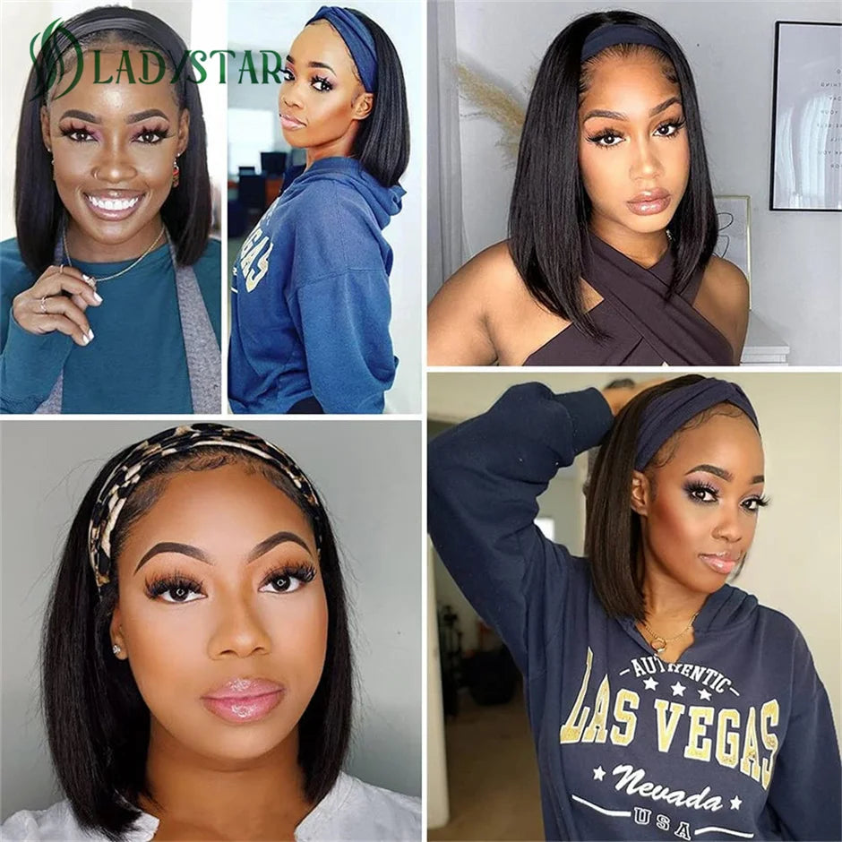 Short Bob Headband Wigs Brazilian Human Hair Wig With Headband  For Women Full Machine Made Straight Bob Human Hair Wigs