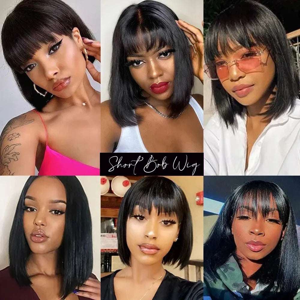 Bob Wig With Bangs Human Hair Bone Straight Brazilian Short Bob Wigs Human Hair For Women Ready To Wear Natural Black Color