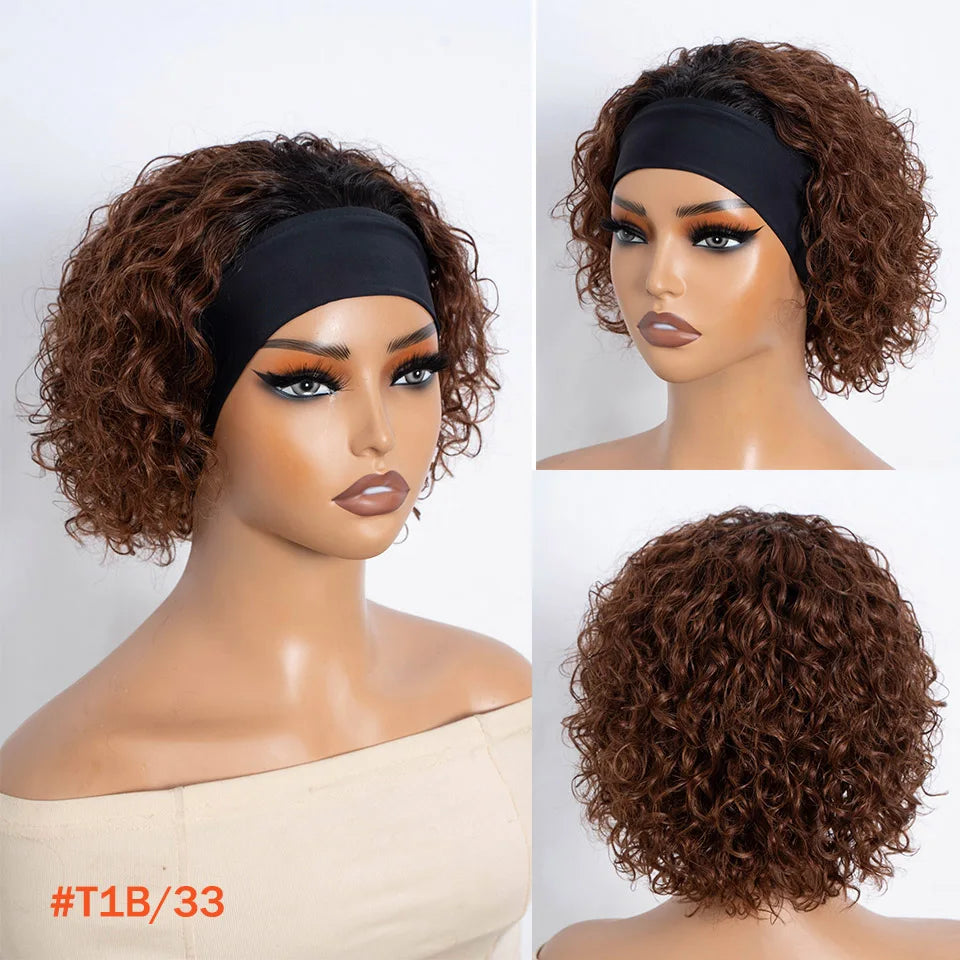 Headband Curly Bob Brazilian Natural Black Curly Headband Wig Human Hair Glueless Wear And Go Wig No Lace Front Elastic Band Wig