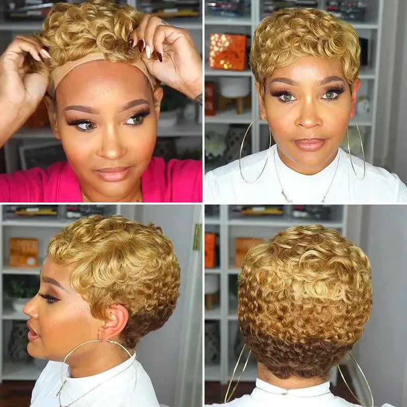 Full Machine Made 6 Inch Brazilian Human Hair Wig,Natural Black Straight Layered Pixie Bob Wig for Daily & Formal Events