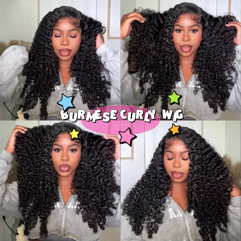 40 Inch 12A Burmese Curly Human Hair Wigs Brazilian Pixie Curls 250% Transparent Lace Frontal Wig For Women Burmese Curly Wig