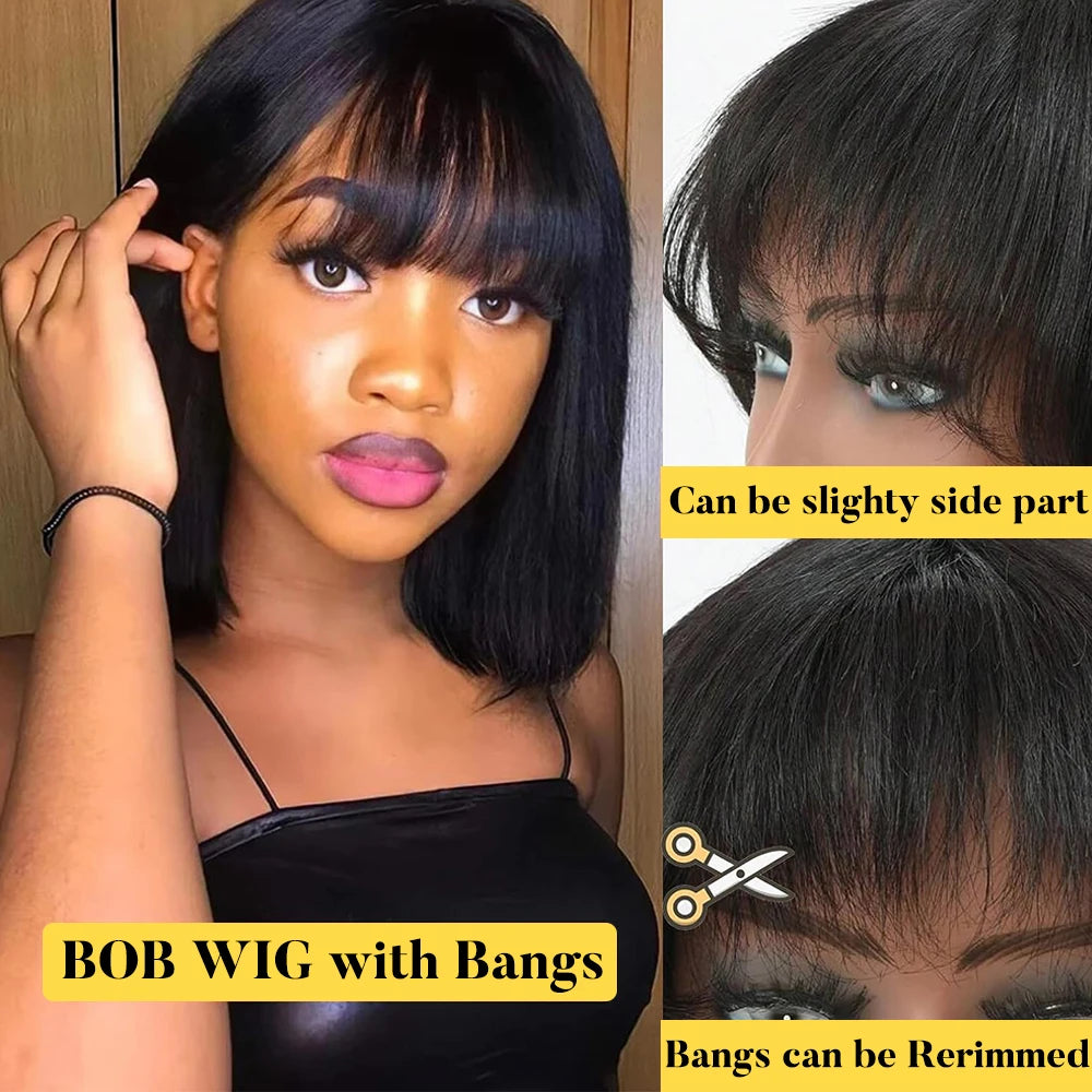 Bob Wig With Bangs Human Hair Bone Straight Brazilian Short Bob Wigs Human Hair For Women Ready To Wear Natural Black Color