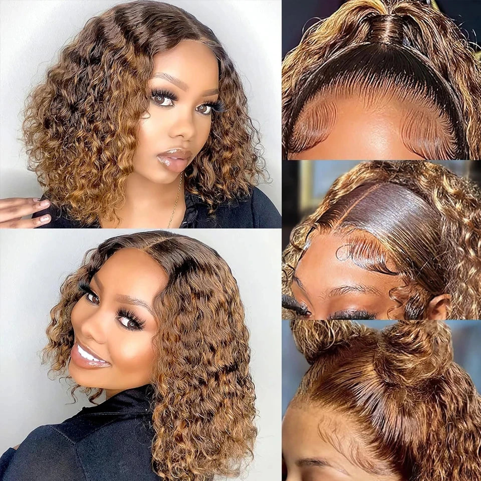 Short Bob Wigs Highlight 4/27 Color Curly Glueless 5x5 Lace Closure Wigs Ombre Colored Deep Wave Brazilian Human Hair Bob Wig